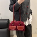 Retro burgundy baguette bag with dual glossy pockets and slender shoulder straps - No Pendant / Burgundy