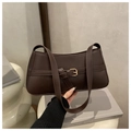 Minimalist chocolate brown shoulder bag with leather strap and golden buckle detail - Brown