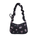 Schwarze Schultertasche mit Blumenmuster, rosa Schleifen und gerafftem Riemen - Schwarz