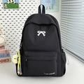 Black minimalist waterproof backpack for women with white bow embroidery and moon charm - With Rope Pendant / Black