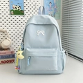 Light blue nylon backpack with white bow embroidery and a cute moon plush charm - With Rope Pendant / Blue