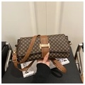 Detail of vintage brown monogram shoulder bag with gold metal buckle and leather strap - Style 1 Coffee