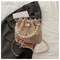 Detailed embroidery on vintage-style bucket bag with pearl handle and floral pattern - Pink Floral