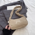 Borsa a tracolla in velluto a coste kaki con fiocco bianco ricamato da donna stile casual - Cachi