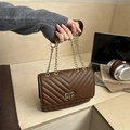Brown V-quilted faux leather crossbody bag with gold chain strap and metal turn lock - Brown