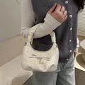 Elegant cream pleated handbag with sparkling rhinestones and a delicate pearl bow detail - White Without Pendant