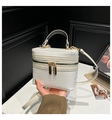 Detail of white crocodile pattern box bag featuring gold double zippers and top handle - White