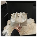 White satin embroidered bucket bag with pearl handle and chain strap for women - Pavilion White