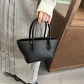 Minimalist black lychee texture bucket handbag with silver hardware and top handles - Black