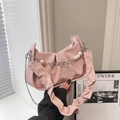 Bolso plisado rosa para mujer con correa decorativa de perlas y cadena de flores - Rosa