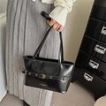 Minimalist black PU leather shoulder bag with gold metal buckle and sleek modern design - Black