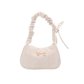 Minimalist cream crescent underarm bag with pleated handle and golden bow detail - White