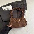Brown vintage pleated shoulder bag with gold metal bow and ruffled handle detail - Brown