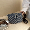 Blue canvas sling bag with vintage M monogram pattern and floral printed strap - Blue