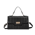 Elegante bolso de mano de piel sintética tejida negra con cierre giratorio dorado y asa superior - Negro