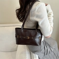 Deep brown leather shoulder bag with decorative buckle and golden hardware finish - Dark Brown