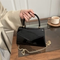 Elegant black patent leather mini handbag with vintage gold chain strap in a French style - Black