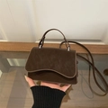 Vintage dark brown crossbody bag with scalloped flap and textured matte finish - Coffee