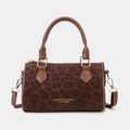 Retro leopard print Boston bag with brown leather handles and golden metal hardware - Dark Brown
