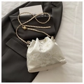 Elegant cream white jacquard bucket bag with floral embroidery and pearl chain strap - Large Floral White