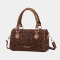 Retro leopard print cylinder barrel bag with brown leather handles and gold hardware - Brown