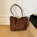 Grande borsa tote minimalista in pelle scamosciata marrone scuro da donna con spalline sottili - Marrone