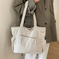 Große beige Cord-Einkaufstasche mit Seitentaschen und Reißverschluss, modern kombiniert - Weiß (Ohne Anhänger)