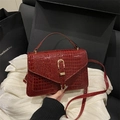 Glossy burgundy crocodile pattern square handbag with gold U-shaped metal buckle - Red Without Charm