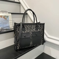 Large gray leopard print canvas tote bag with black leather trim and double front pockets - Leopard Print Black