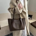 Brown leather minimalist tote bag with large capacity and double shoulder straps for work - Coffee
