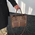 Leopard print tote bag with brown leather front pockets and detachable crossbody strap - Leopard Brown
