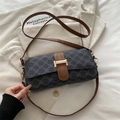 Retro shoulder bag with dark grey floral print and brown leather flap closure - Style 2 (Semicircle Buckle) / Black