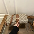 Vintage patterned crossbody bag with brown leather trim and golden square buckle - Style 2 (Semicircle Buckle) / Khaki