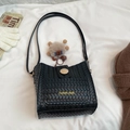 Black woven PU leather crossbody bucket bag with cute plush monster charm and long strap - No Pendant / Black