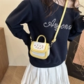 Minimalist square crossbody bag with yellow-white contrast and cherry embroidery - Yellow