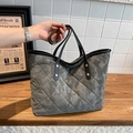 Vintage large dark grey quilted tote bag with gold rivets and adjustable strap - Gray