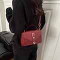 Piccola borsa quadrata rosso scuro motivo coccodrillo con fibbia dorata su modella - Senza Ciondolo / Rosso