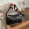 Quilted large capacity black shoulder bag with rhombic stitching and gold zipper detail - Black