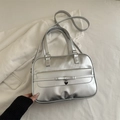 Silver tote bag with bow detail and heart charm, stylish faux leather shoulder bag - Silver