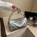 Silver quilted barrel crossbody bag with large diamond stitching and wide strap - Silver