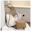 Detail of white tote bag with silk scarf, brown leather trim and inner pouch - Tote And Pouch Set / Khaki