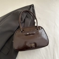 Retro dark brown glossy shoulder bag featuring a sweet bow and vintage leather texture - Dark Brown