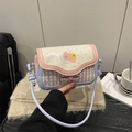 Pink and blue plaid crossbody bag with heart patterns and soft pastel color blocking - Soft Mist Blue No Pendant