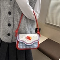 Blue and white checkered crossbody bag with red apple pattern and blue bow detail - Scarlet Blue No Pendant