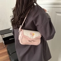 Pink plaid cherry shoulder bag for women with sweet bow detail and PU leather strap - Cherry Blossom Pink No Pendant