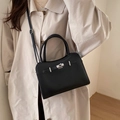 Classic black leather satchel bag with silver metal lock and adjustable shoulder strap - No Pendant / Black