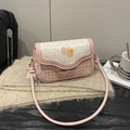 Pink checkered crossbody bag with polka dots, cherry print and bow detail in a home setting - Apricot Yellow Pink No Pendant