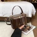Deep brown glossy patent leather box bag with gold hardware and top handle for women - Brown