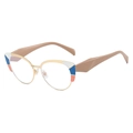 Stylish cat-eye blue light blocking glasses with gold metal frames and tricolor accents - Pink Blue White Frame with Khaki Temples and White Lens
