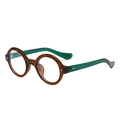 Retro round frame sunglasses with amber brown front and green temples in a 3D view - Transparent Tea Frame With Green Temple